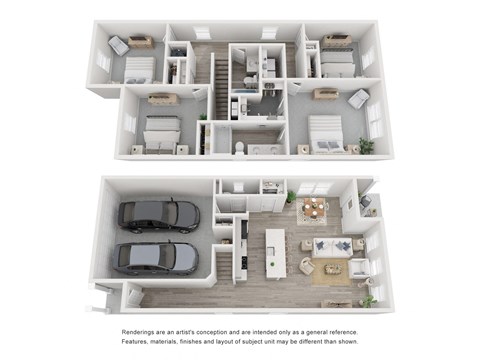 a stylized 3d floor plan of a house with a car and a balcony